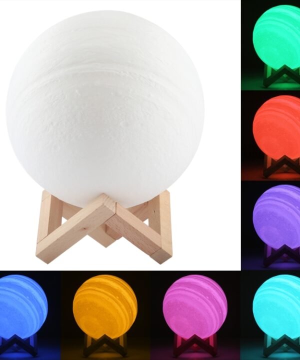 18cm Patted 3D Print Jupiter Lamp, USB Charging 7-Color Changing Energy-saving LED Night Light with Wooden Holder Base