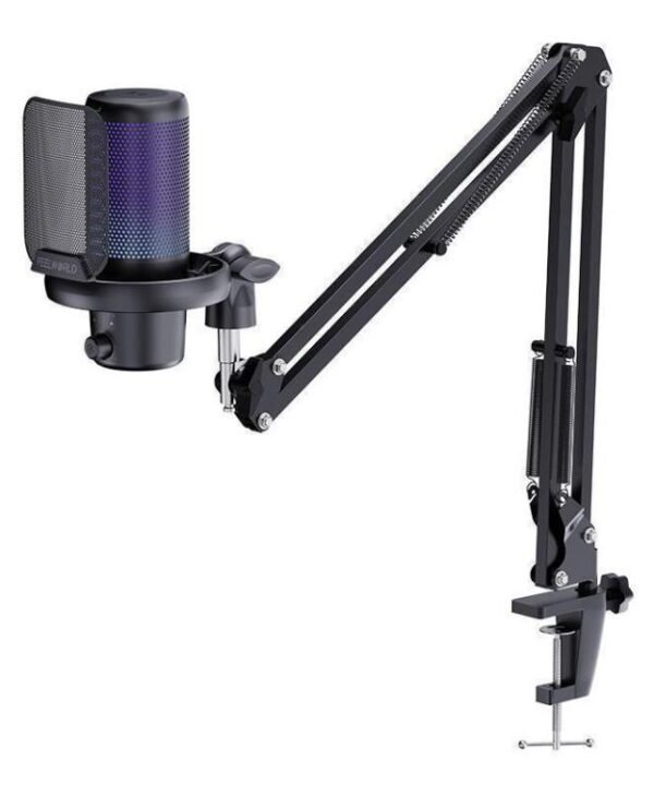 FEELWORLD VM1 USB Condenser Gaming Microphone for Streaming Noise Cancellation Mute RGB Light Boom Arm Stand, VM1-AS