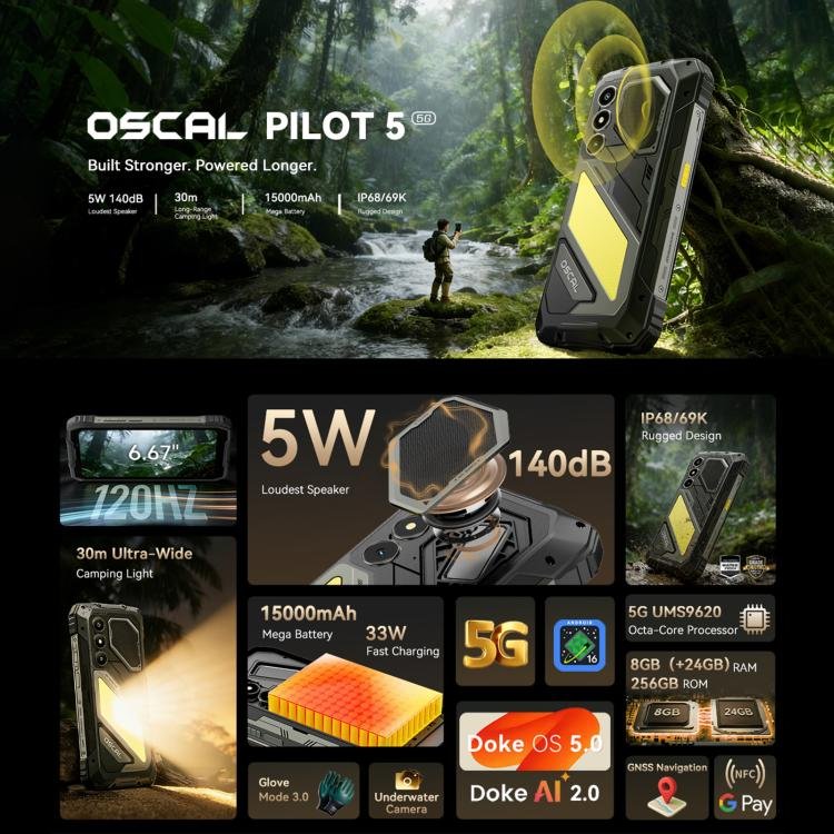 Blackview Oscal Pilot 5 5G Rugged Phone, 8GB+256GB, 6.67 inch Android 16 UMS9620 T8100 Octa Core, Network: 5G, OTG, NFC - Image 4