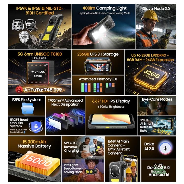 Blackview ROCK 2 Pro Rugged Phone, 8GB+256GB, 6.67 inch Android 16 Unisoc UMS9620 T8100 Octa Core, Network: 5G, OTG, NFC - Image 5