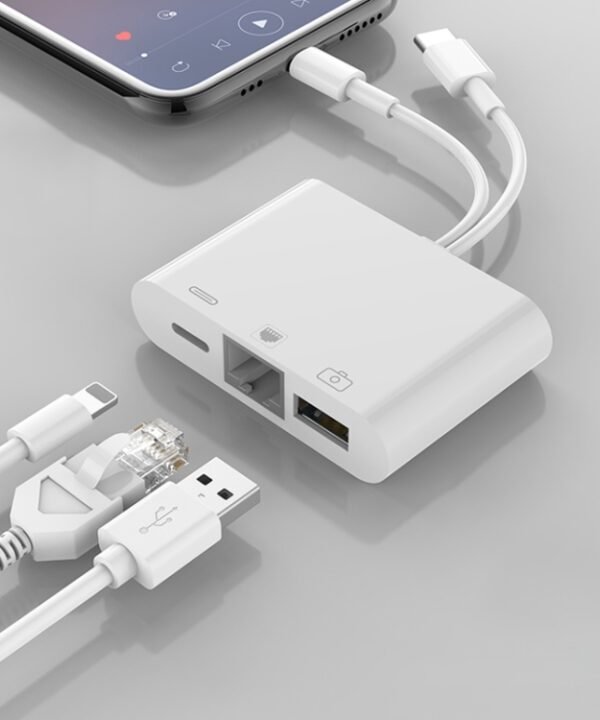 NK-107 Pro 3 in 1 USB-C / Type-C + 8 Pin Male to USB + RJ45 + 8 Pin Charging Female Interface Adapter