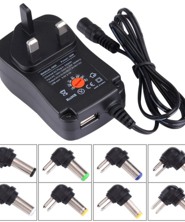 UK Plug Universal 30W Power Wall Plug-in Adapter with 5V 2.1A USB Port, Tips: 8 PCS, Cable Length: About 1.2m