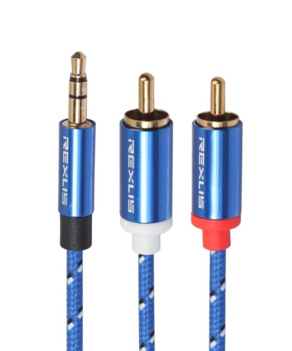 REXLIS 3610 3.5mm Male to Dual RCA Gold-plated Plug Blue Cotton Braided Audio Cable for RCA Input Interface Active Speaker, Length: 3m
