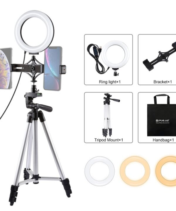 PULUZ Tripod Mount +  Live Broadcast Dual Phone Bracket + 6.2 inch 16cm LED Ring Vlogging Video Light Kits