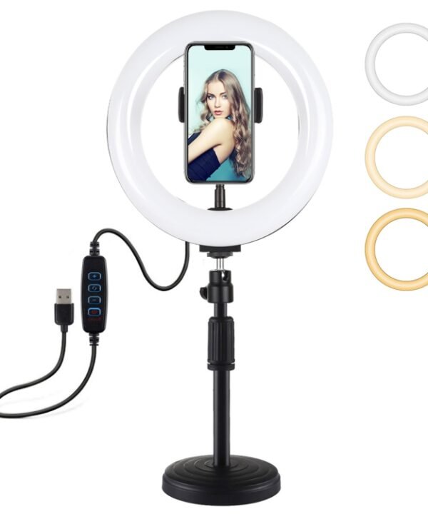 PULUZ 7.9 inch 20cm Light+ Round Base Desktop Holder USB 3 Modes Dimmable Dual Color Temperature LED Curved Light Ring Vlogging Selfie Photography Video Lights with Phone Clamp, 7.9 inch+Desktop Mount