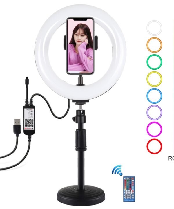 PULUZ 7.9 inch 20cm RGBW Light + Round Base Desktop Mount Dimmable LED Dual Color Temperature LED Curved Light Ring Vlogging Selfie Photography Video Lights with Phone Clamp, 7.9 inch + Round Mount