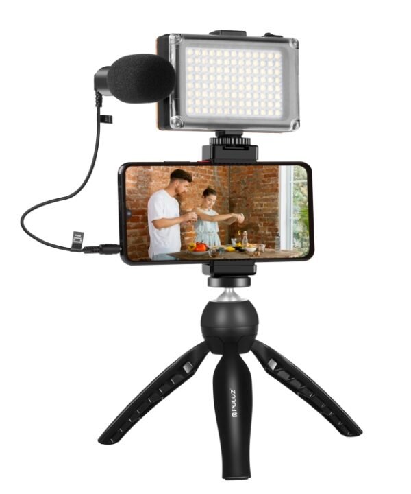 PULUZ Live Broadcast Smartphone Video Light Vlogger Kits with Microphone + LED Light + Tripod Mount + Phone Clamp Holder, Mic + LED + Tripod + lamp