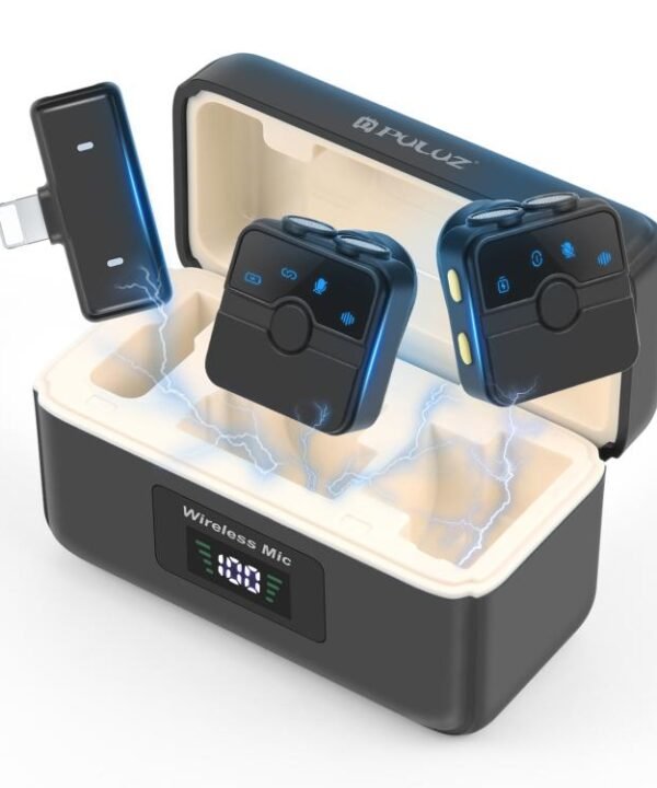 PULUZ Magnetic Lavalier Wireless Microphone with Charging Case Box, 8 Pin RX Receiver and 2 TX Microphones, 8 Pin 2 TX + 1 RX, with Charging Case Box