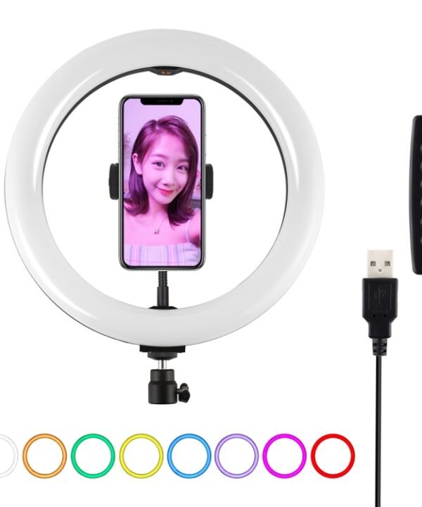 PULUZ 10.2 inch 26cm USB 10 Modes 8 Colors RGBW Dimmable LED Ring Vlogging Photography Video Lights with Cold Shoe Tripod Ball Head & Phone Clamp, 10.2 inch RGBW