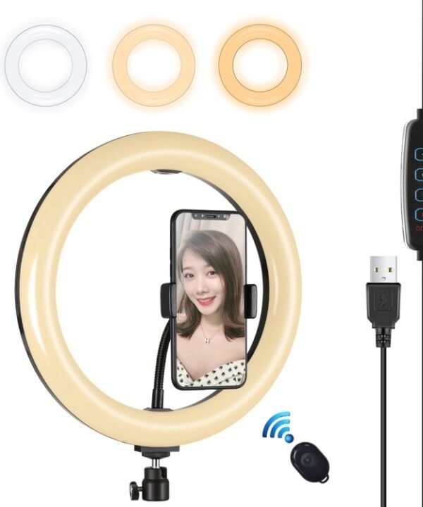 PULUZ 10.2 inch 26cm USB 3 Modes Dimmable Dual Color Temperature LED Curved Diffuse Light Ring Vlogging Selfie Photography Video Lights with Phone Clamp, 10.2 inch