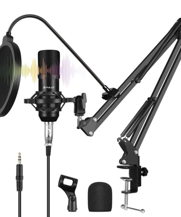 PULUZ Studio Broadcast Professional Singing Microphone Kits with Suspension Scissor Arm & Metal Shock Mount & USB Sound Card, Microphone Kits (Black), Microphone Kits (Gold), Microphone Kits (Silver)