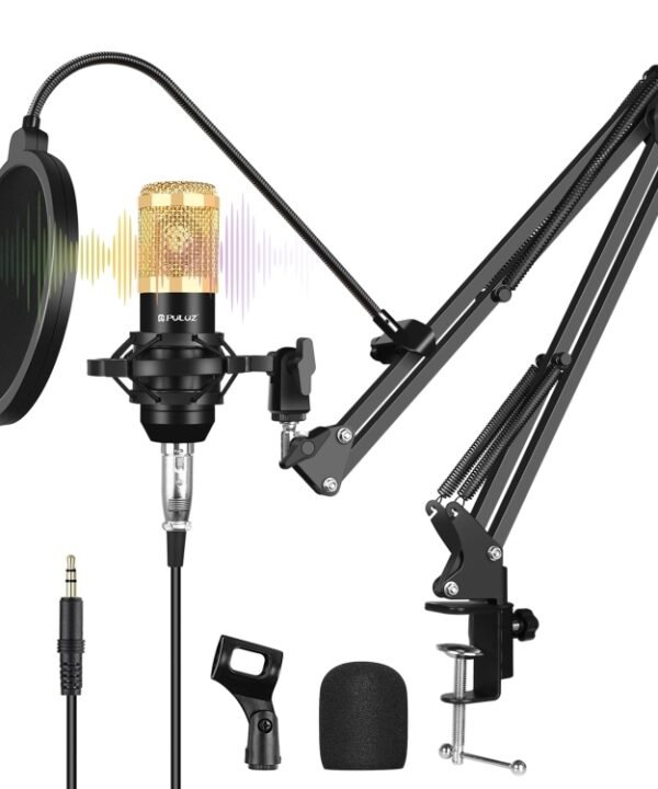 PULUZ Condenser Microphone Studio Broadcast Professional Singing Microphone Kits with Suspension Scissor Arm & Metal Shock Mount & USB Sound Card, Power By 48V, 48V Microphone Kits (Gold)