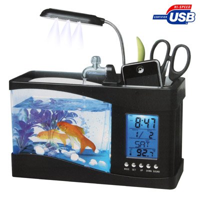 USB Desktop Aquarium Mini Fish Tank with Running Water and 6 LED Light, LCD Clock Display with Calendar, Time and Alarm (Holds 1.5 Quarts of Water)(Black)
