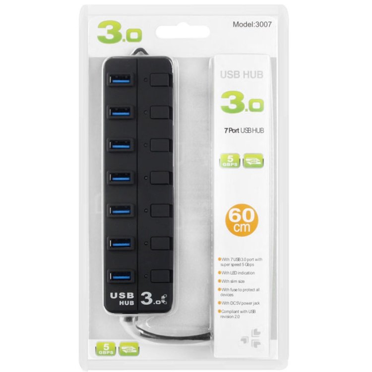 7 Ports USB 3.0 Hub with Individual Switches for each Data Transfer Ports(Black) - Image 5