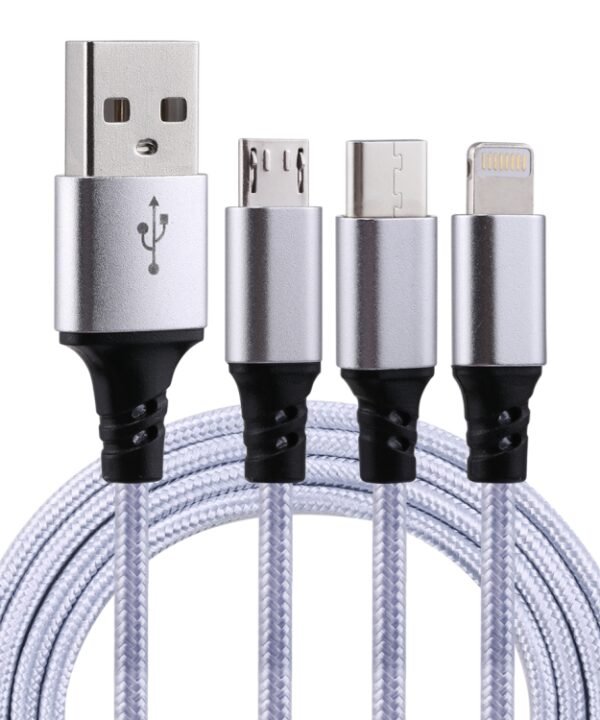 2A 1.2m 3 in 1 USB to 8 Pin & USB-C / Type-C & Micro USB Nylon Weave Charging Cable