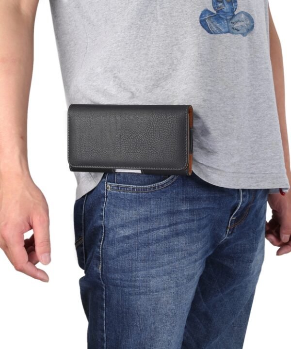 Men Litchi Texture Portable Mobile Phone Back Buckle Transverse Sleeve Waist Pack Leather Case for 6.3 Inch or Below Smartphones