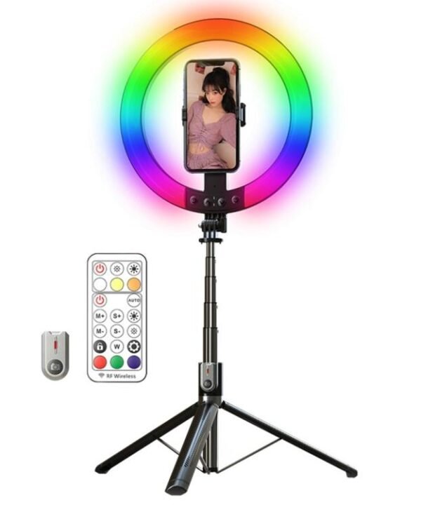 P100-RGB With Rotation Phone Holder 10 Inch Portable Selfie Stick Ring Light RGB Color Fill Light