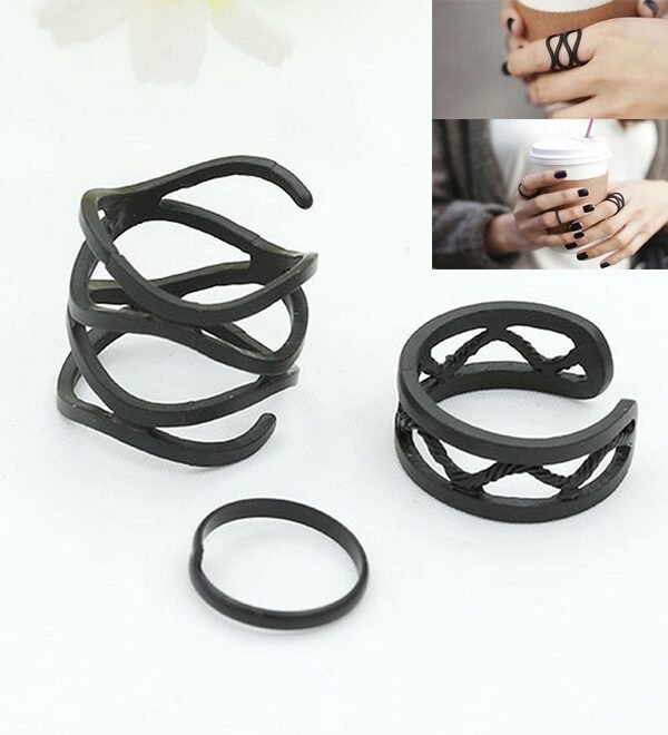 3 PCS Women Punk Black Matte Ring Set