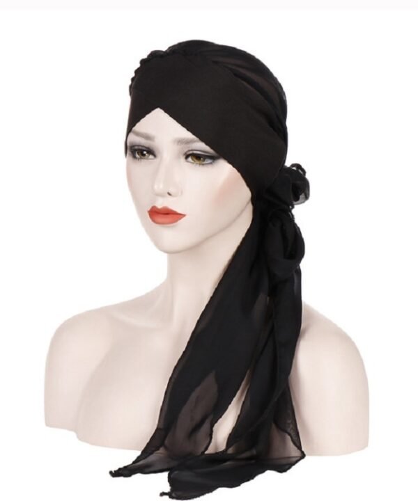 Ladies Forehead Cross Chiffon Long Tail Cap Turban Hat, One Size
