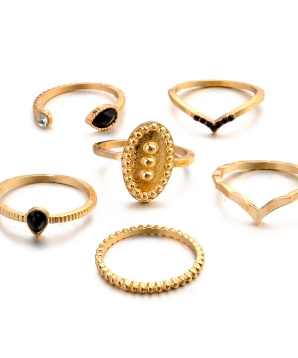 6 PCS Women Bohemian Simple Fashion Embossing Waterdrop With Diamond Rings Set Jewelry, Gold, Silver