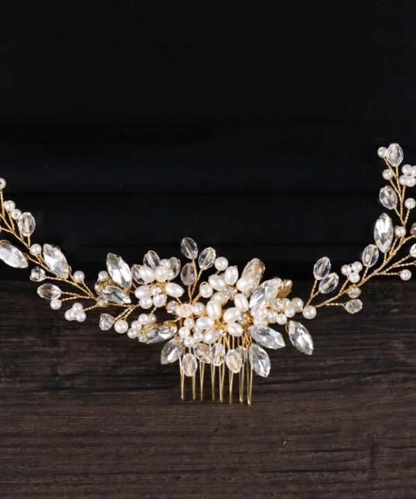 Golden Pearl Headband Tiaras Crystal Rhinestone Bridal Hair Combs Headpiece