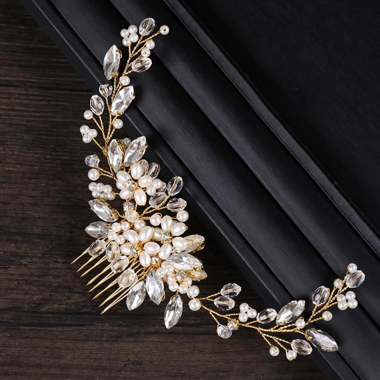 Golden Pearl Headband Tiaras Crystal Rhinestone Bridal Hair Combs Headpiece - Image 2
