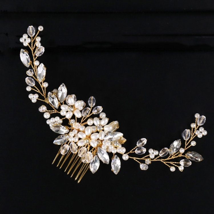 Golden Pearl Headband Tiaras Crystal Rhinestone Bridal Hair Combs Headpiece - Image 3