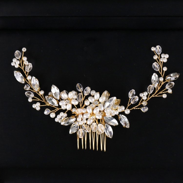 Golden Pearl Headband Tiaras Crystal Rhinestone Bridal Hair Combs Headpiece - Image 4
