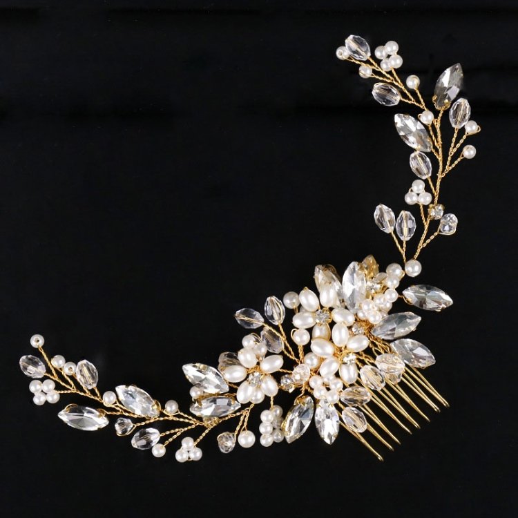 Golden Pearl Headband Tiaras Crystal Rhinestone Bridal Hair Combs Headpiece - Image 5