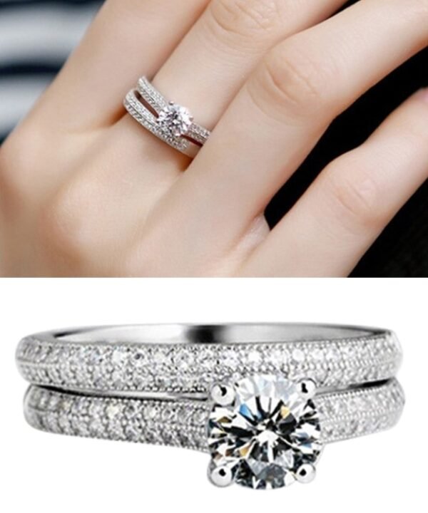 Silver Double Zircon Wedding Rings Set, 8, 9, 10, 11, 12, 13, 14, 15, 16, 17, 18, 19, 20, 21