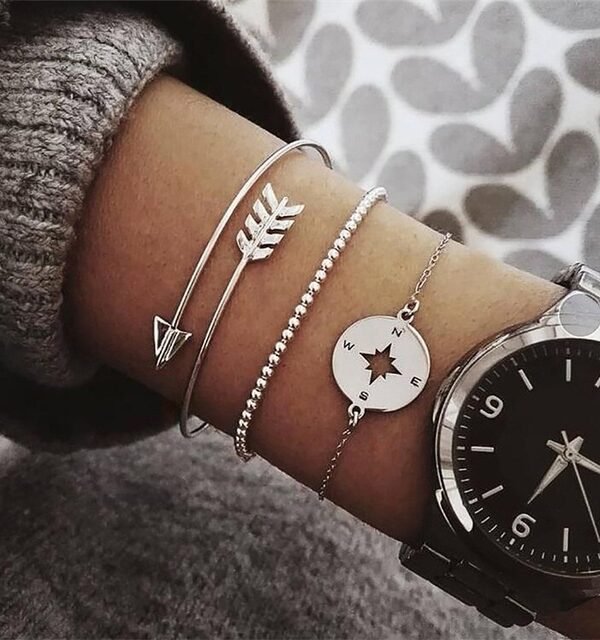 3pcs / Set Silver Bohemian Hollow Arrow Compass Beads Chain for Women