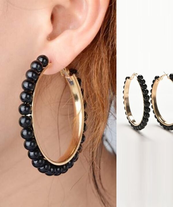 1 Pair Girls Hoop Pearl Earring With Big Circle, Black, White, Black and White