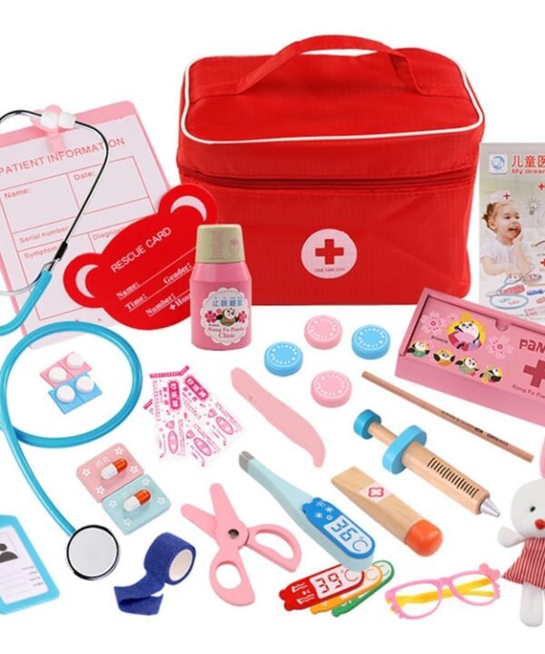 Wooden Simulation Medicine Box Set with Cloth Bag Child Doctor Role Playing Toy