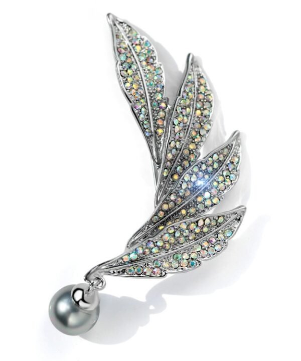 Vintage Style Colorful Crystal Pearl Feather Brooch Sliver Pins Brooches, Colorful Crystal