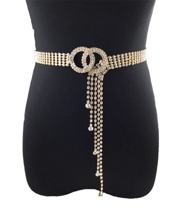 Women Double Loop Shape Diamond Belt Waist Chain, 120cm