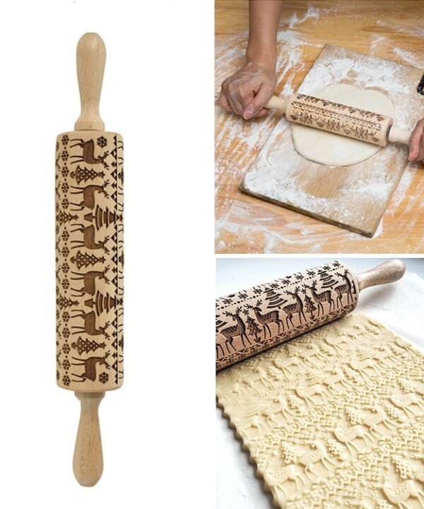 Christmas Embossing Rolling Pin Baking Cookies Fondant Cake Dough Engraved Roller