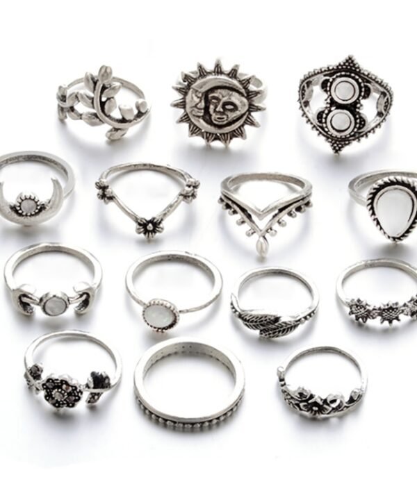 14 PCS/Set Punk Vintage Hollow Carved Diamond Waterdrop Flower Moon Ring Set