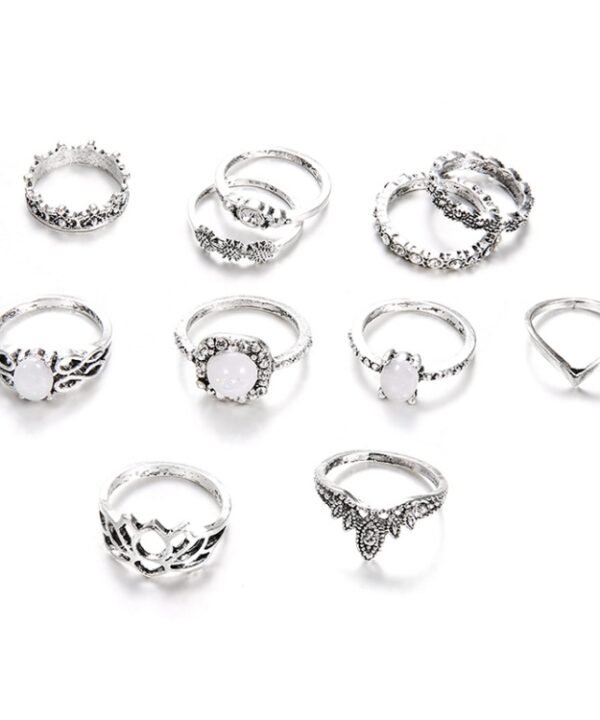 11 PCS/Set Bohemian Retro Totems Opal Lotus Crystal Hollow Ring Set