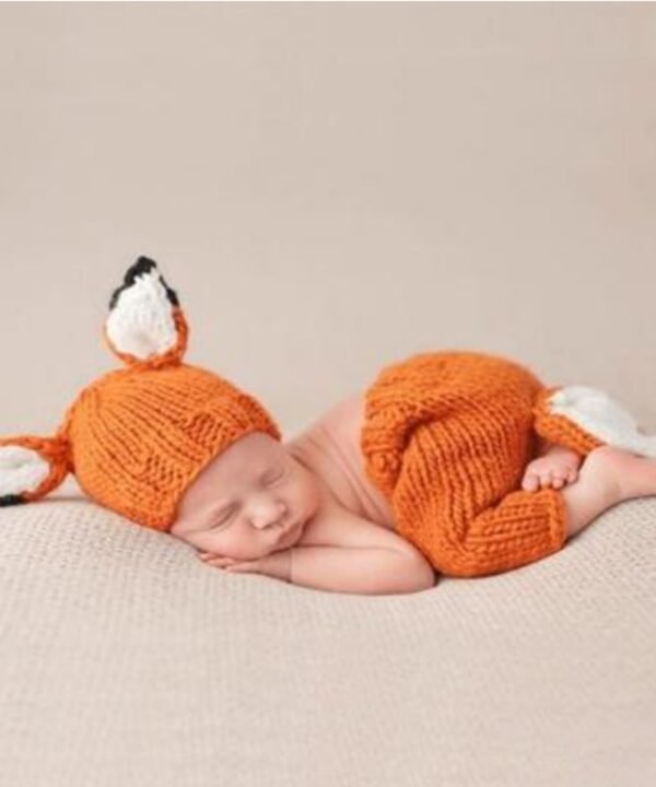 Children Photography Clothing Cartoon Fox Shape Handmade Wool Knit Hat + Pants Set, 0-3月
