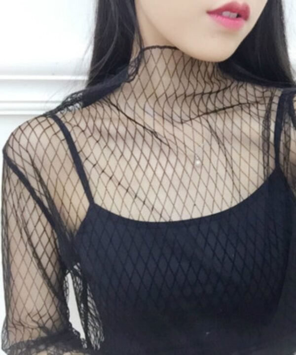 Sexy Mesh High Collar Long Sleeve Bottoming Blouse, One Size