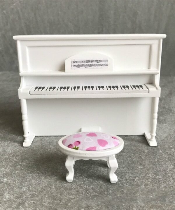 1:12 Mini House Toy Simulatio Piano and Bench, White, Pink, Black