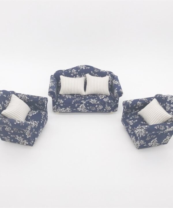 1:12 Doll House Furniture Decoration Three-piece Mimulation Sofa, Blue White Flower, Beautiful Flower Cluster, Fresh Big Flower Cluster, Water Jade, Square, Beautiful Vine