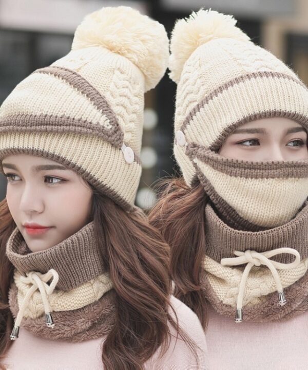 3 In 1 Female Winter Two-color Warm Woolen Cap Mask and Scarf, Free Size