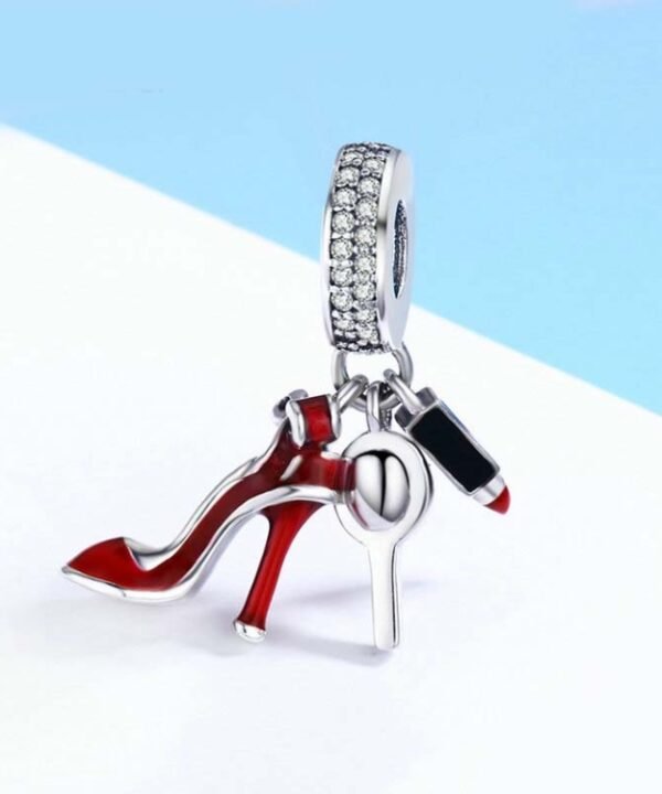 925 Sterling Silver Charm Red Lipstick High Heels Makeup Mirror Pendant