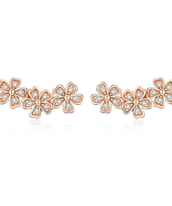 Flowers Zircon Earrings Sterling Silver Female Earrings Simple Earrings, Rose Gold, White