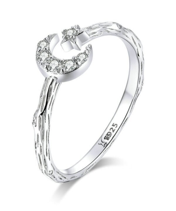 Fashion Retro Open Ring Sterling Silver S925 Star and Moon Platinum Plated Zircon Ring