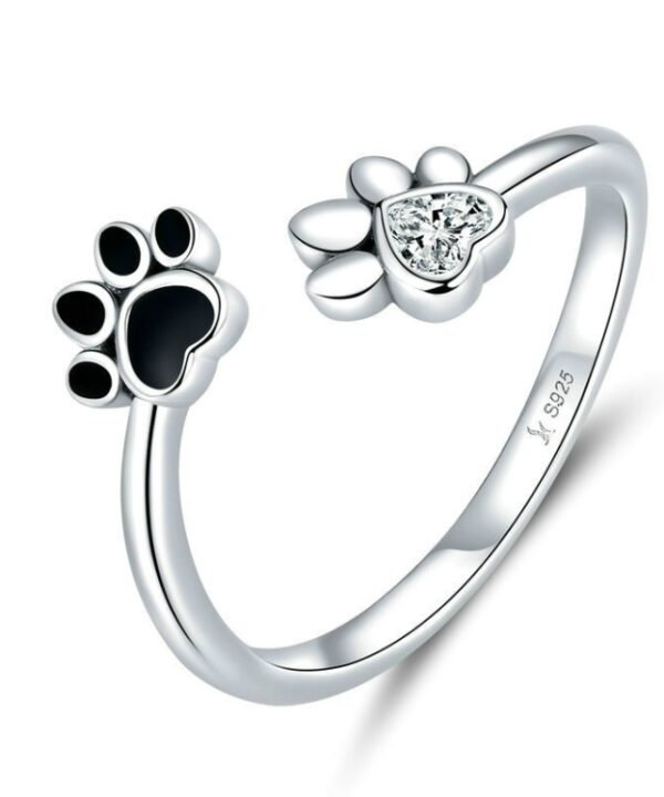 S925 Sterling Silver Cute Pet Paw Print Open Ring Black Dripping Ring