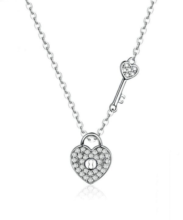 S925 Sterling Silver Platinum Plated Heart Lock Necklace Girls White Inlaid Zircon Key Jewelry