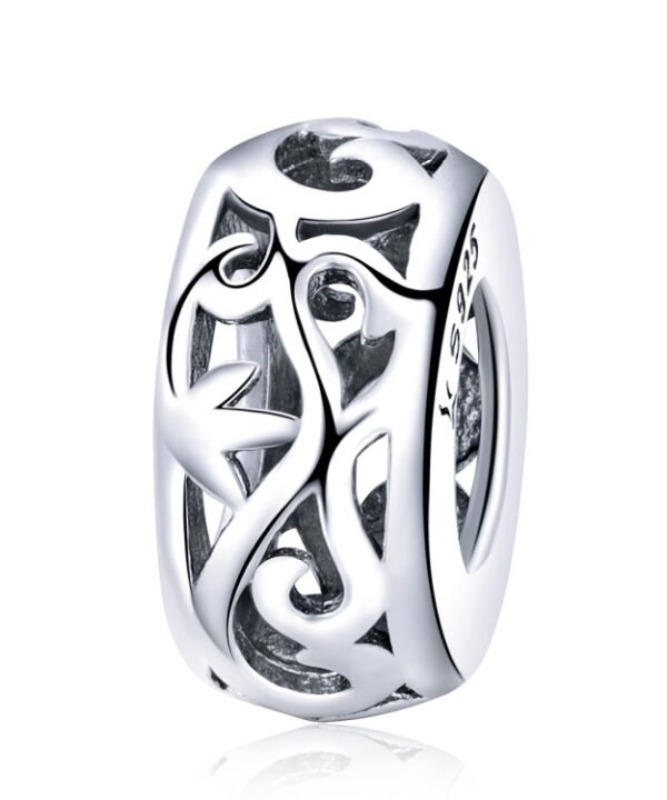 S925 Sterling Silver Vintage Curly Grass Pattern Love Heart-shaped Beads