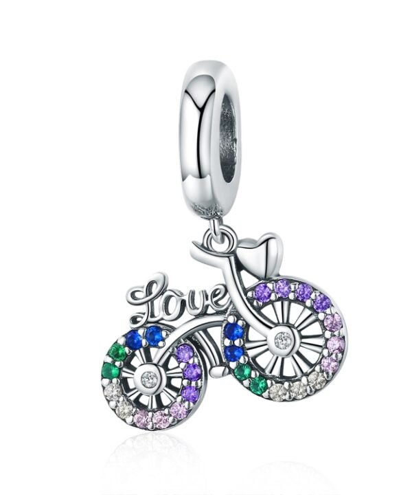 S925 Sterling Silver Bicycle Pendant Color Inlaid Zircon Beads DIY Bracelet Charm Accessories, Pendant, Pendant + Bare Chain